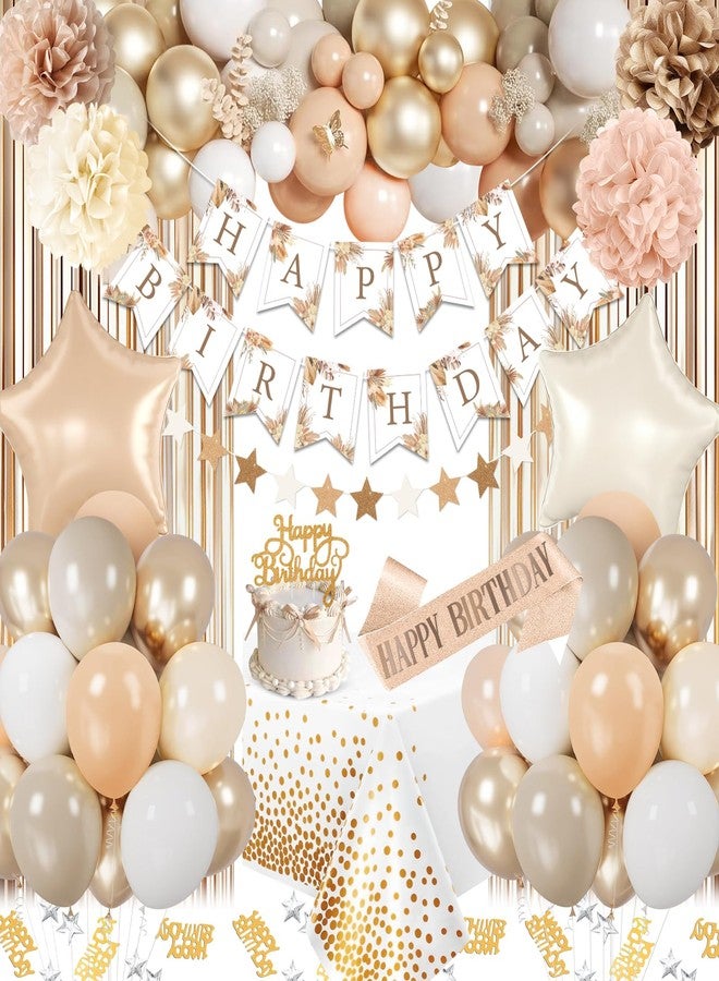 Fantspati Birthday Decorations for Women, Party Decorations for Women with Beige Cream Neutral Balloons Birthday Sash Tablecloth Happy Birthday Banner Neutral Boho Bday Decorations for Men Woman Boys Girl - Image 1